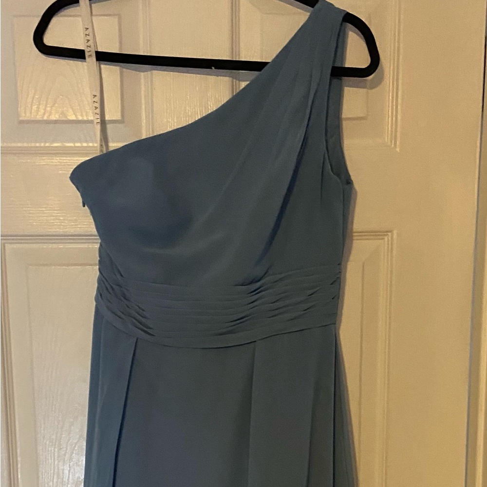 Azazie Strapless One-Shoulder Blue Dress